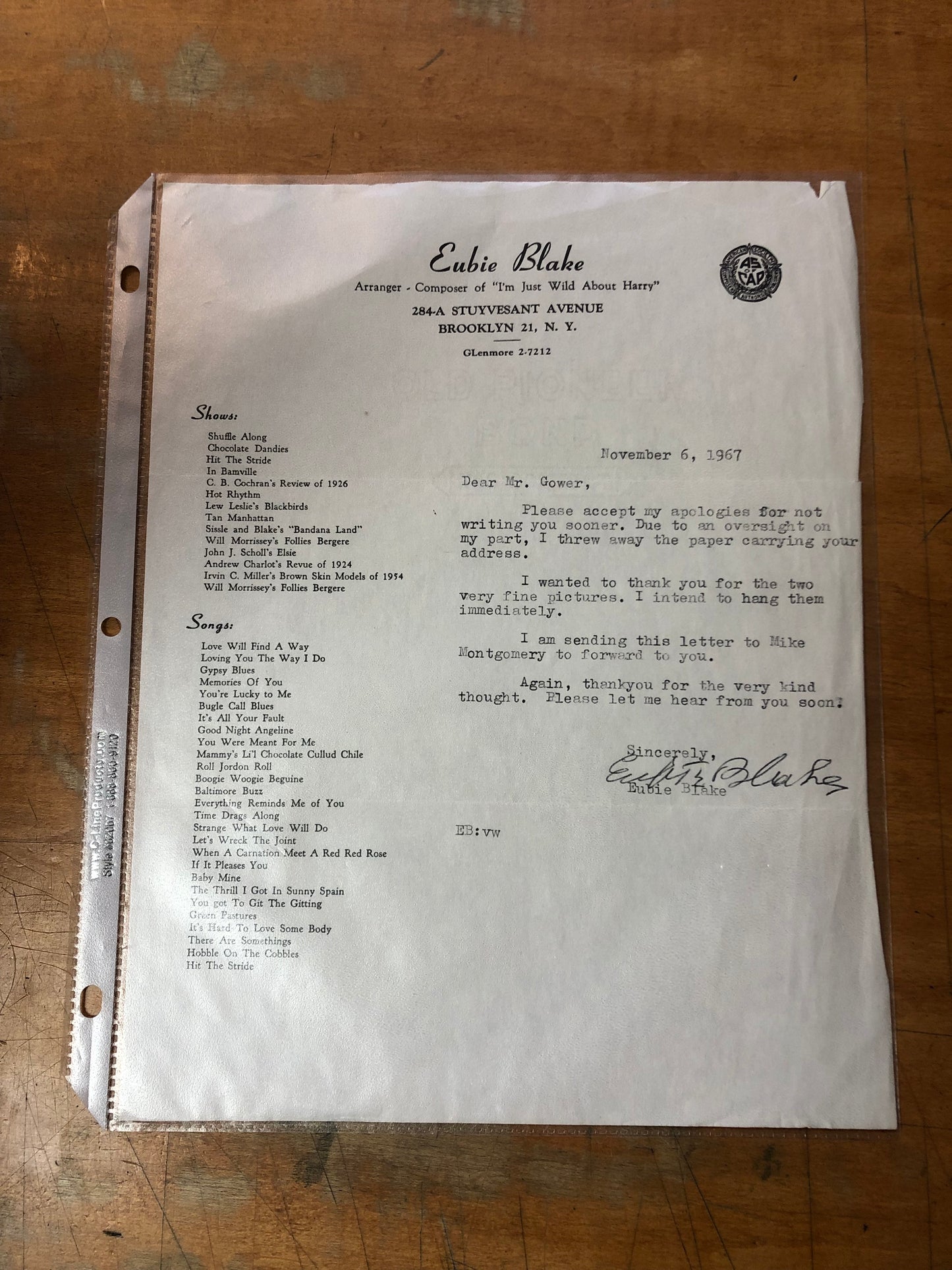 Personal Letter from Eubie Blake - November 6, 1967