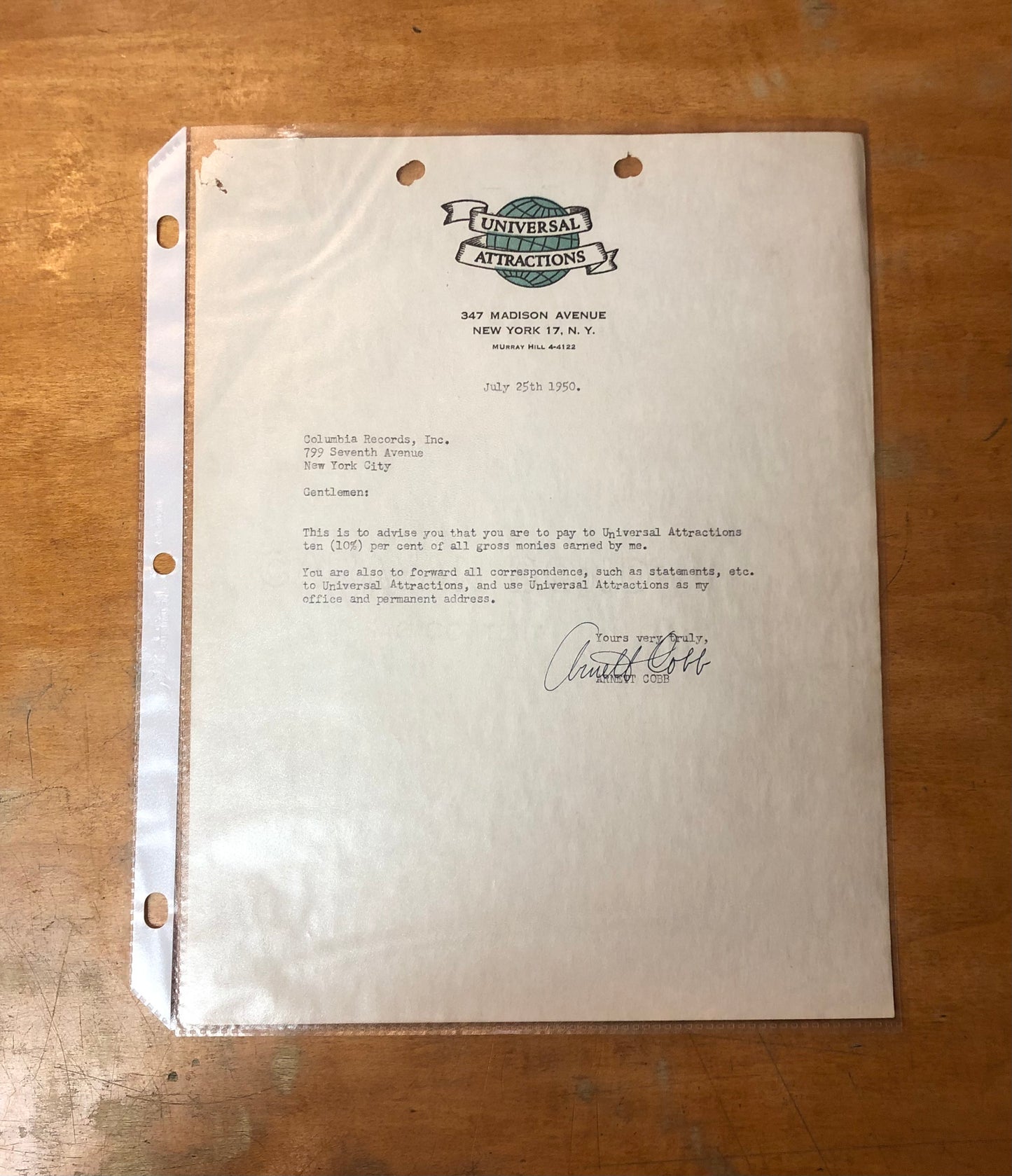 Signed Arnett Cobb Business Letter - July 25, 1950