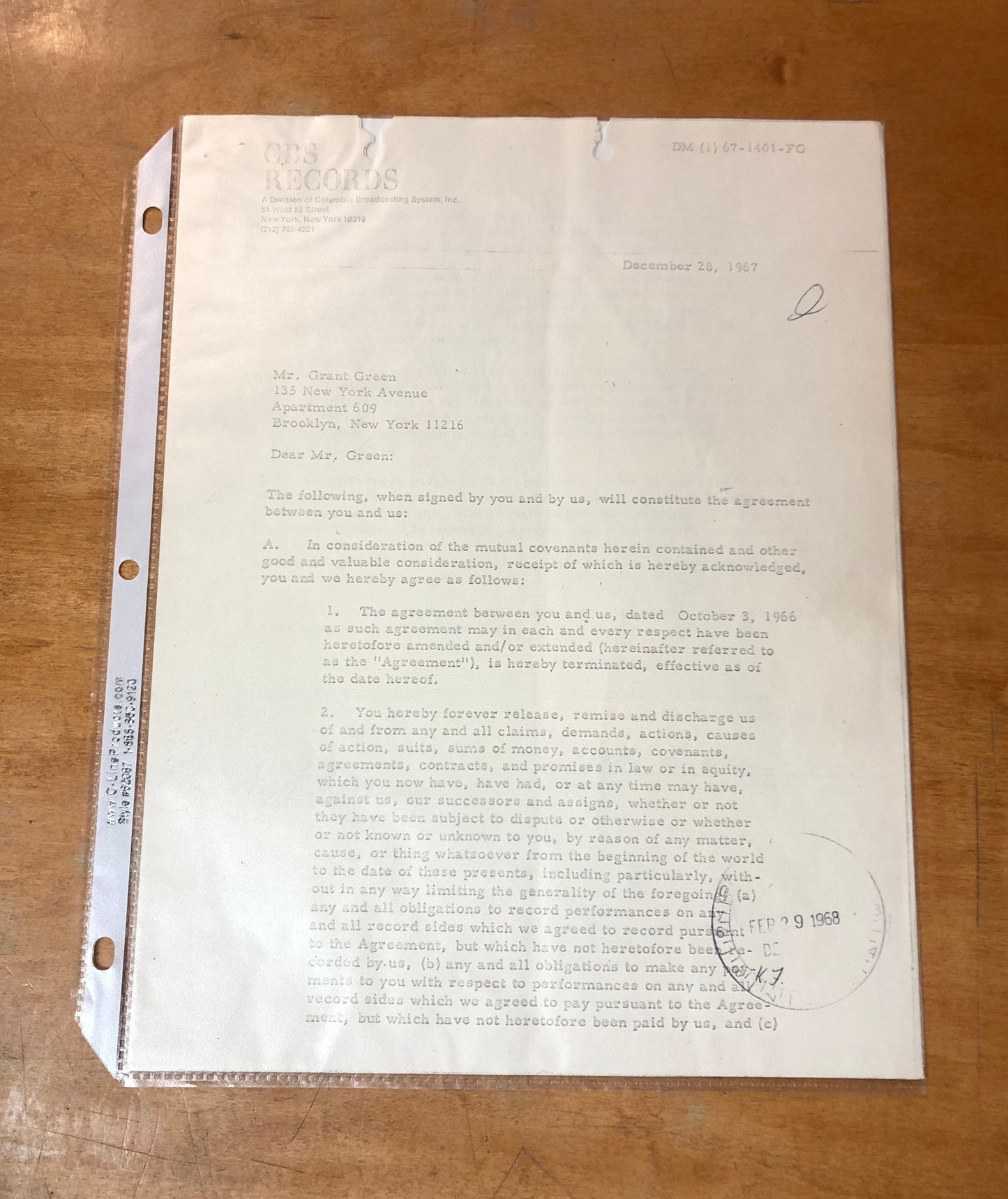 Signed Grant Green Contract - December 28, 1967