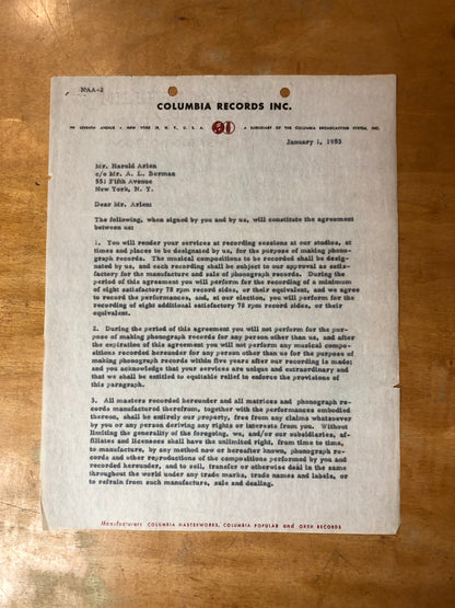 Signed Harold Arlen Contract - January 1, 1953