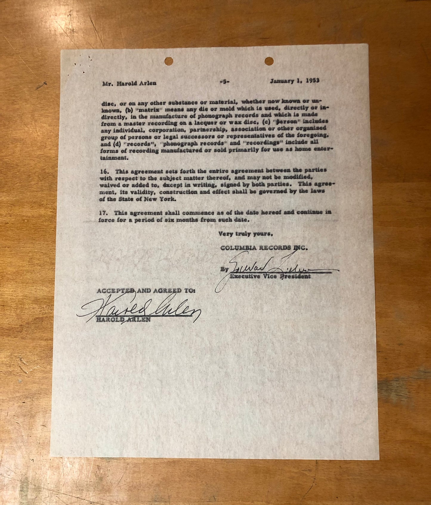 Signed Harold Arlen Contract - January 1, 1953