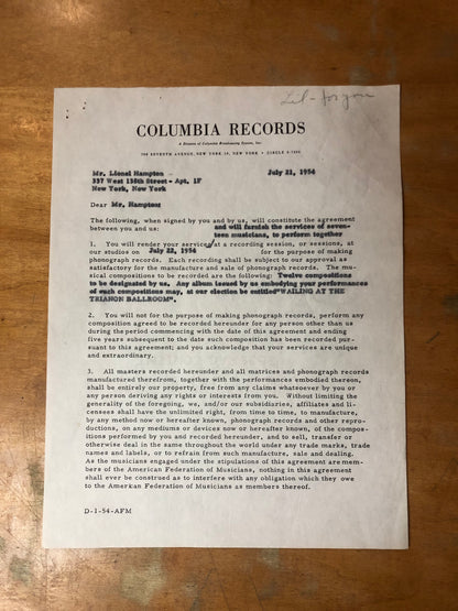 Signed Lionel Hampton Contract - July 21, 1954