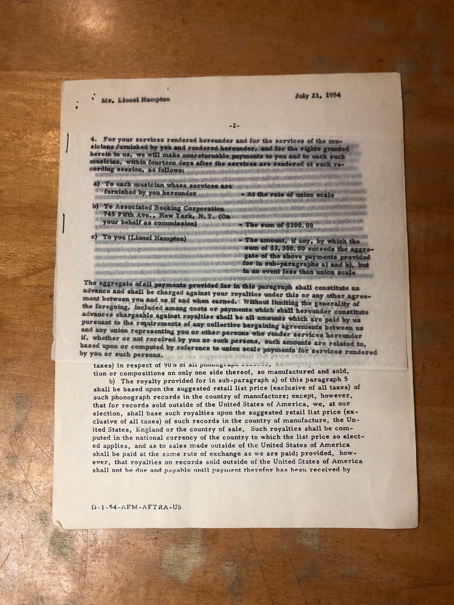 Signed Lionel Hampton Contract - July 21, 1954