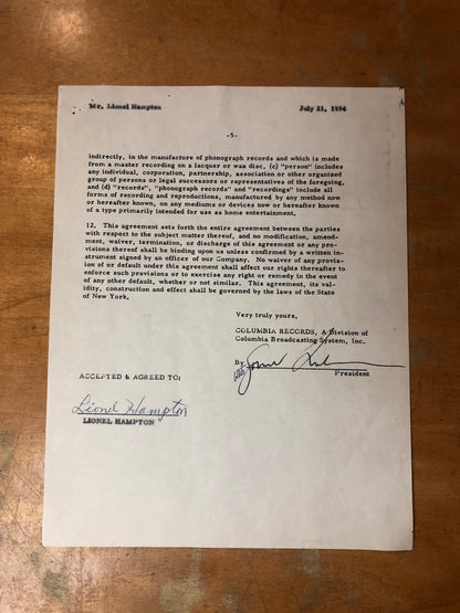Signed Lionel Hampton Contract - July 21, 1954