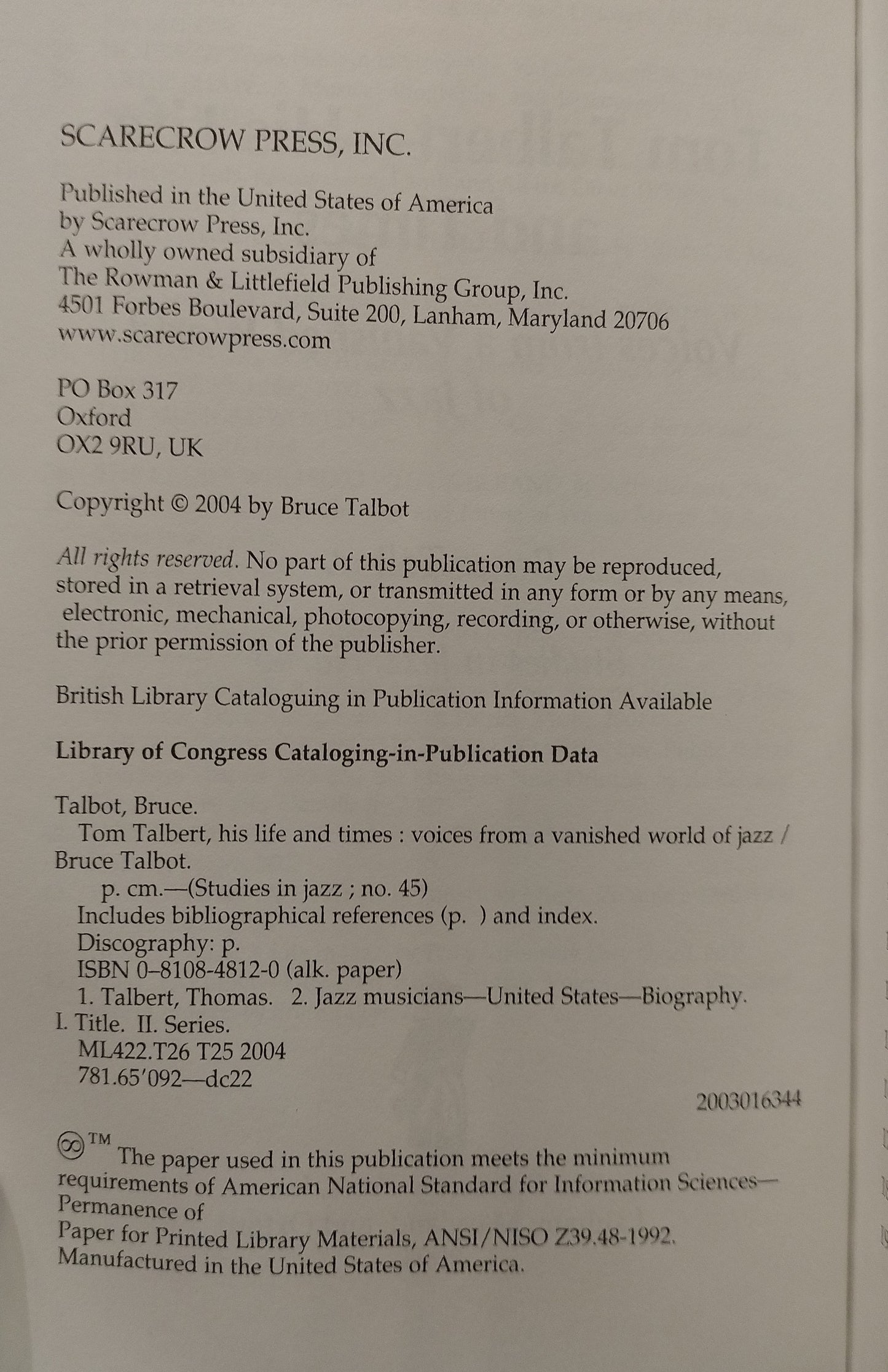 Tom Talbert—His Life and Times: Voices from a Vanished World of Jazz